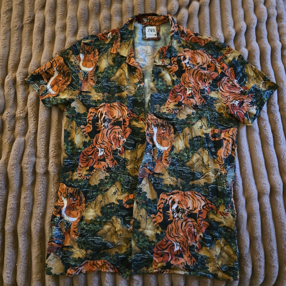 Zara Multicolor Tiger Print Casual Button Down Shirt